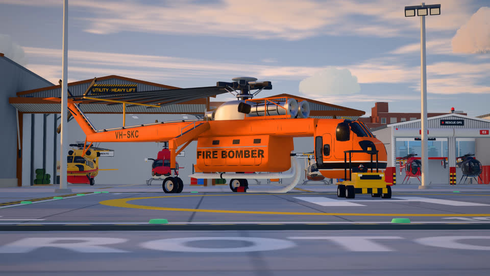 Elvis, the orange sky crane, on the HQ apron in front of the hangars