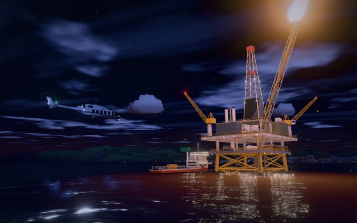 Approaching the oil platform at night, gas flare burning