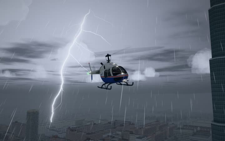 Flying through a thunderstorm beside a skyscraper, lightning striking